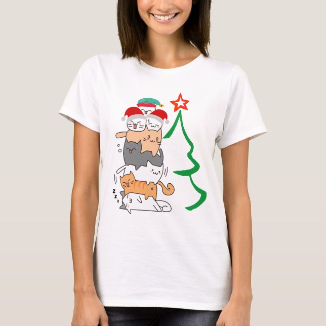 Camiseta La divertida torre de la pila de ChristmasCat, Nav (Anverso)