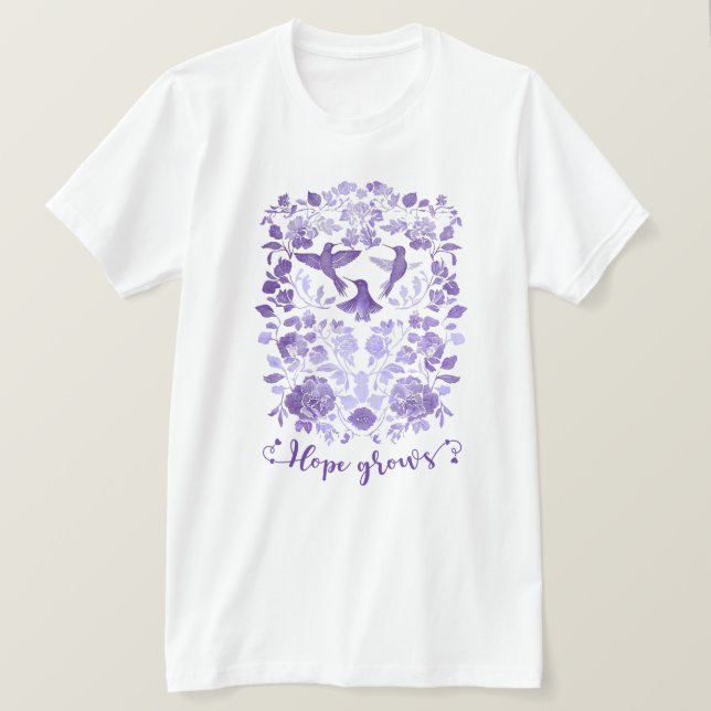 Camiseta La esperanza crece - Lavender Linocut Bird Inspira (Anverso del diseño)