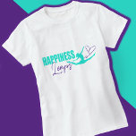 Camiseta La felicidad salta el corazón saltando chica aqua<br><div class="desc">La felicidad del pañal gimnástico grafica salta la camiseta del eslogan en agua y morado. © Arte y diseño de www.mylittleeden.com</div>