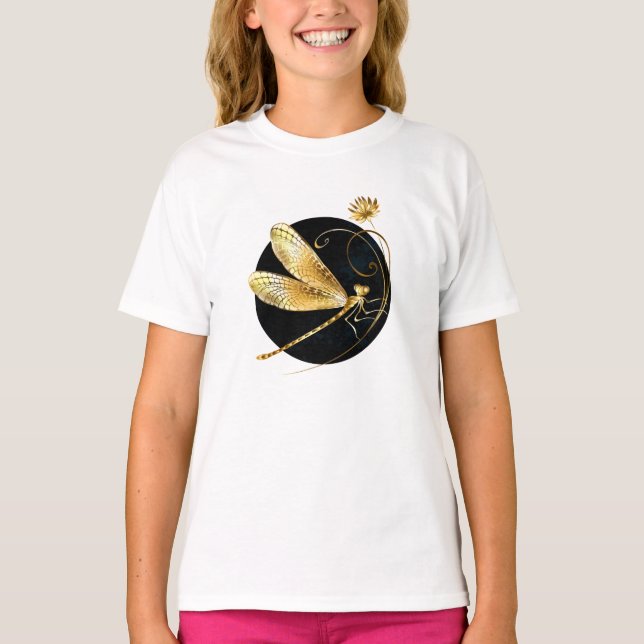 Camiseta La libélula dorada en círculo negro (Anverso)