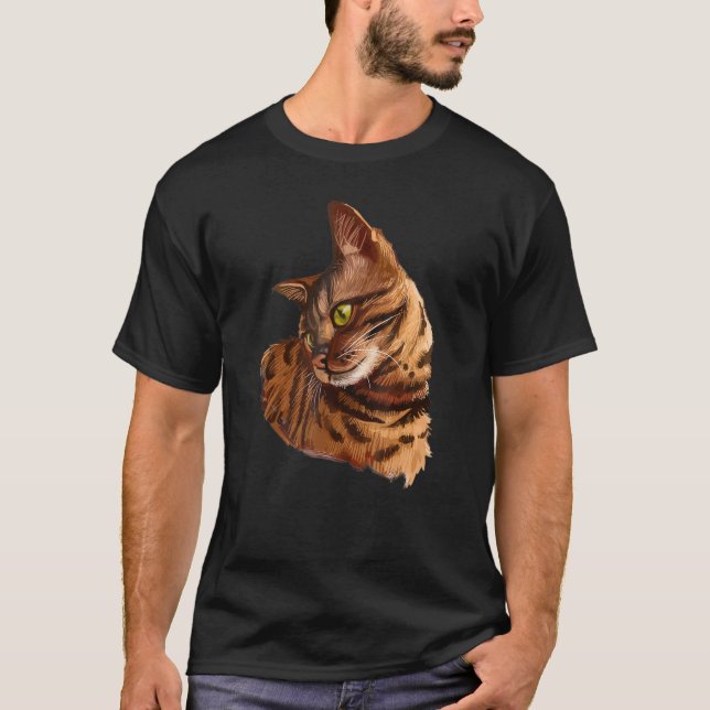 Camiseta la mano linda de la cabeza del gato bengalí dibuja (Anverso)