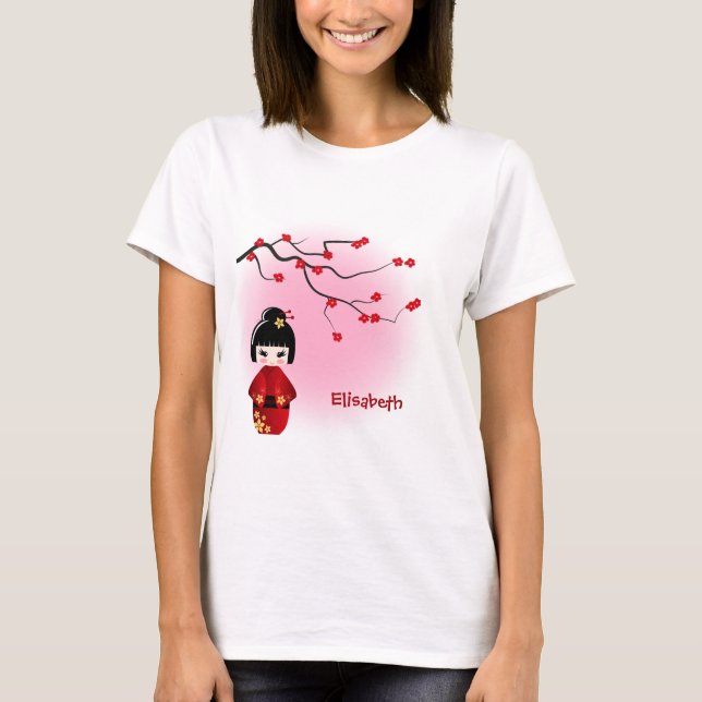 Camiseta La muñeca japonesa del kokeshi en Sakura florece (Anverso)