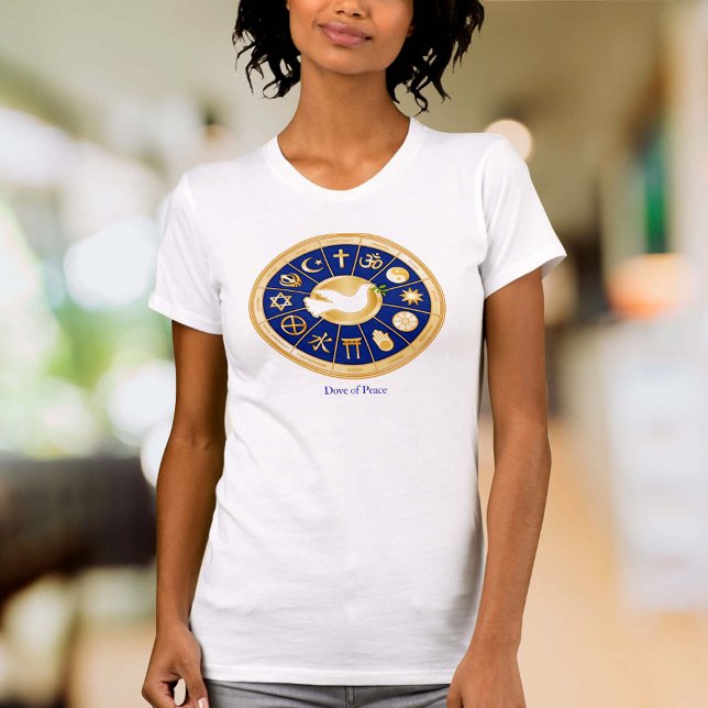 Camiseta La paloma de la paz (Dove of Peace T-Shirt
Customize with your text. Gold icons of world faiths around the Dove of Peace.)
