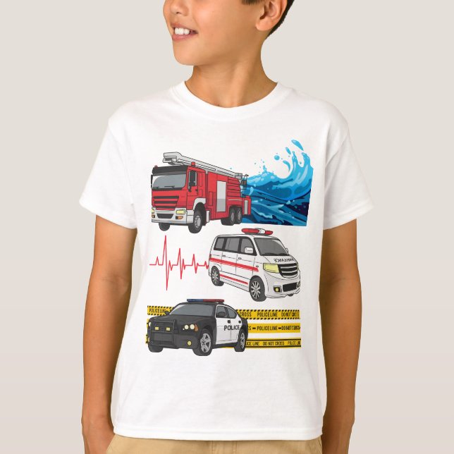 Camiseta La Policía Infantil Bomba Camiones Vehículos De Am (Anverso)