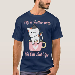Camiseta La Vida Es Mejor Con Libros Gatos Y Café Gracioso 