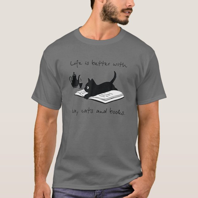 Camiseta La Vida Es Mejor Con Los Gatos De Té Y Los Libros  (Anverso)