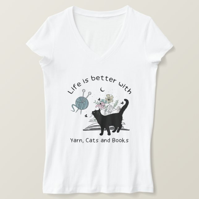 Camiseta La vida es mejor con los gatos y libros yarn (Anverso del diseño)