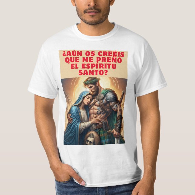 Camiseta La Virgen María y el Guerrero: Un Encuentro Humorí (Anverso)