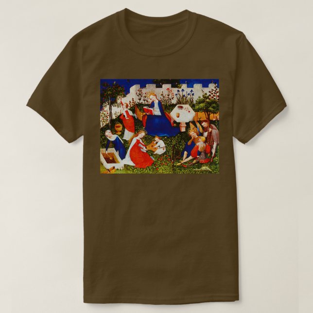 Camiseta La virgen María y Jesús con santos en un jardín (Diseño del anverso)