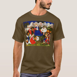 Camiseta La virgen María y Jesús con santos en un jardín