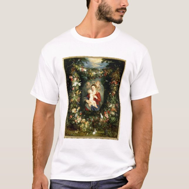 Camiseta La Virgen y el niño en una guirnalda de la fruta y (Anverso)