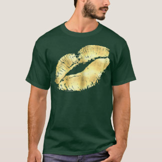 Camiseta Labial Impreso En Oro De Mujer Beso De Maquillaje 