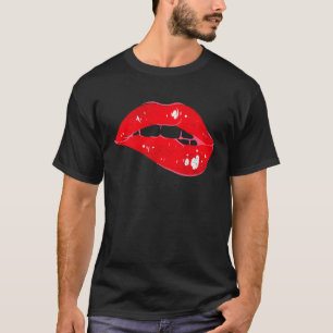 Camiseta labios completos besando boca mordida roja