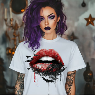 Camiseta Labios con encaje negro y murciélagos