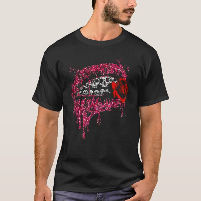 Camiseta Labios de cráneo mordiendo Rosa de cráneo Boca Hal (Anverso)