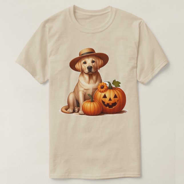 Camiseta Labrador amarillo Cachorro con Gorra con calabazas (Diseño del anverso)