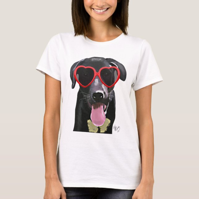 Camiseta Labrador negro con gafas de sol de corazón (Anverso)
