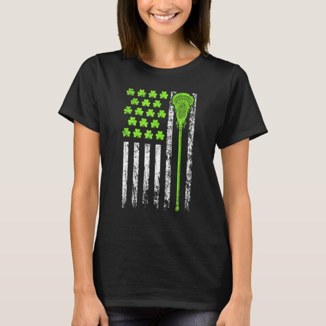 Camiseta Lacrosse American Flag St Patrick Day For Men Boy  (Anverso)