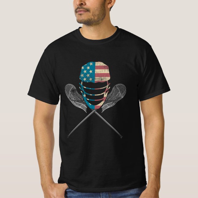 Camiseta Lacrosse Bandera Americana Lax Casco Y Palo (Anverso)