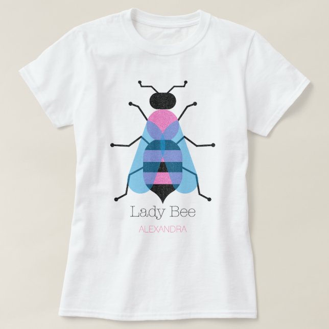 Camiseta Lady Bee Cute Girly Divertido Purpurina Rosa Azul  (Diseño del anverso)