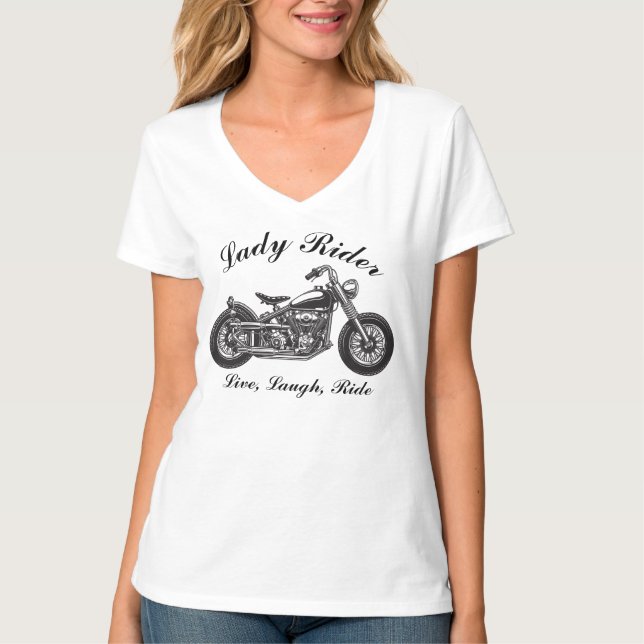 Camiseta Lady Rider Motorcycle Live, Laugh, Ride, Ride (Anverso)