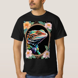 Camiseta Lagarto Dragón Barbudo Floral En Marco Ovalado De 