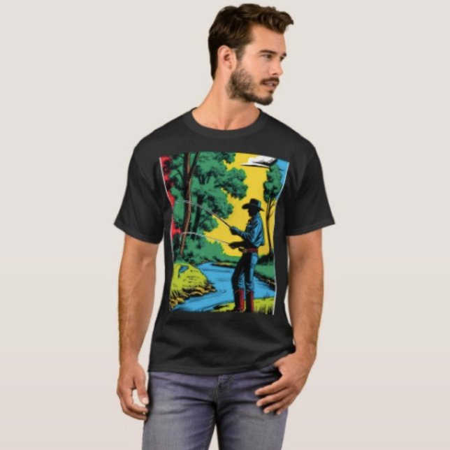 Camiseta Lagarto Hojas & Color ( Retro Cowboy Fishing Riverside Scene T-Shirt for Men Aesthetic Custom Black Tee
)