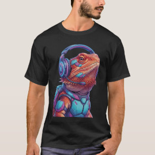 Camiseta Lagarto Neon Dragón Barbudo Jugador Cyberpunk