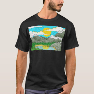 Camiseta Lago Rocky Mountain. Sunny Summer Landscape.