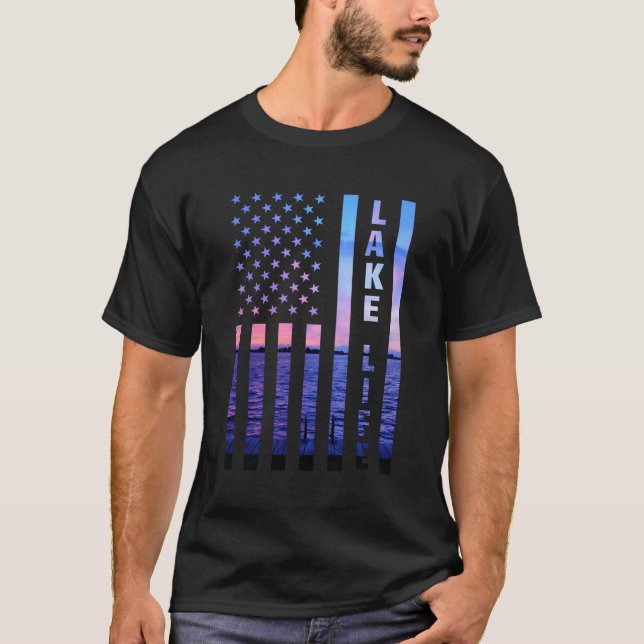 Camiseta Lake Life Bandera Americana Dock Sunset Wakeboarde (Anverso)