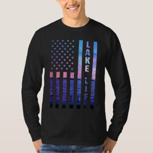 Camiseta Lake Life Bandera Americana Dock Sunset Wakeboarde