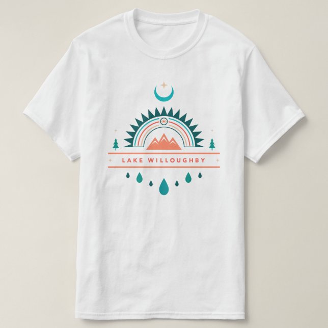 Camiseta LAKE WILLOUGHBY boho luna arco iris (Diseño del anverso)