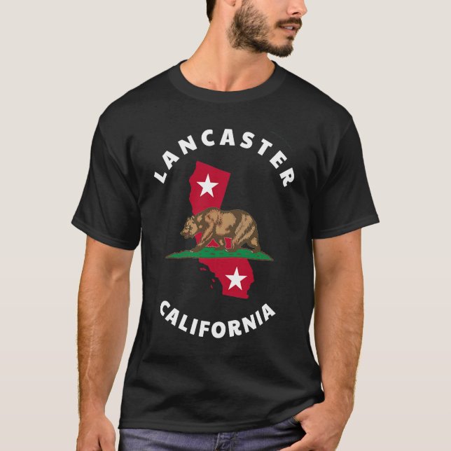 Camiseta Lancaster California CA Flag and Bear Badge Souven (Anverso)