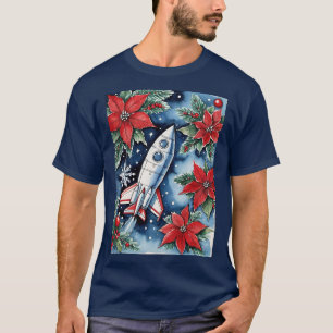 Camiseta Lanzamiento de cohete de Navidad con poinsettias p