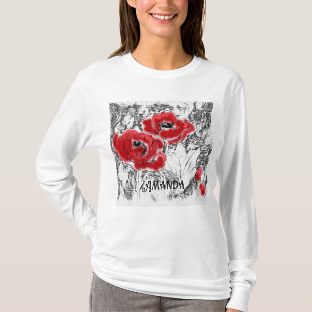 Camiseta Lápiz esquematizado a mano adornos rojos flores fl (Anverso)