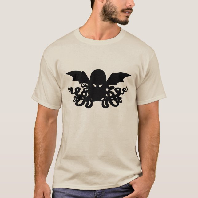 Camiseta larga de la manga de Cthulhu - negro (Anverso)