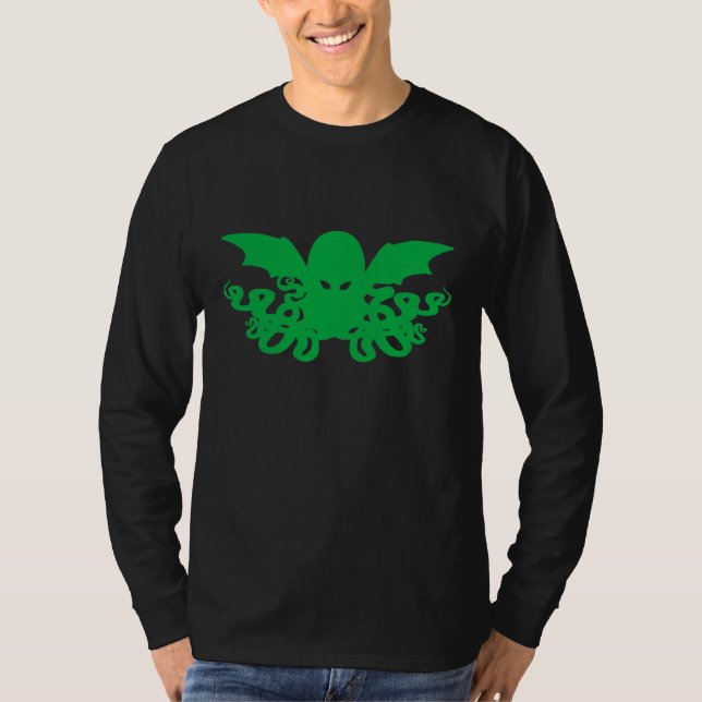 Camiseta larga de la manga de Cthulhu - verde + (Anverso)