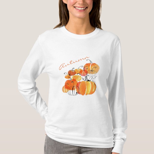 Camiseta larga de la manga de la calabaza de otoño (Anverso)