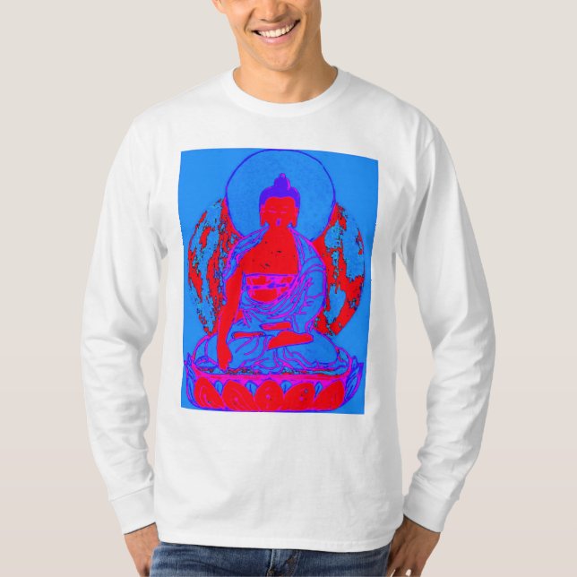 Camiseta larga de la manga de los hombres azules y (Anverso)