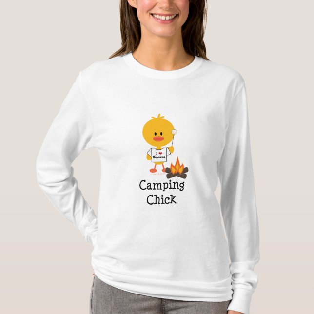 Camiseta larga de la manga del polluelo que acampa (Anverso)