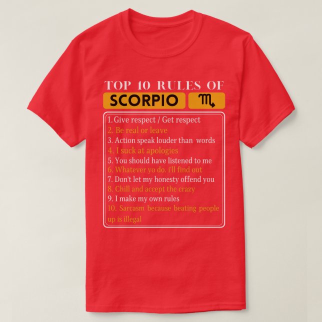Camiseta Las 10 mejores reglas de Scorpio Divertidos Hechos (Diseño del anverso)