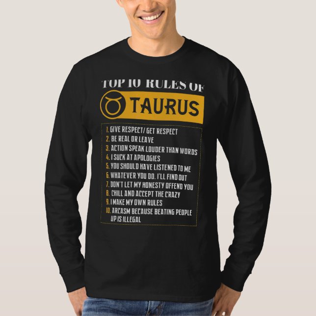 Camiseta Las 10 Reglas Principales De Taurus Zodiac Rótulo  (Anverso)