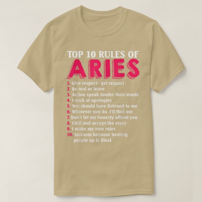 Camiseta Las 10 Reglas Principales Del Rótulo Aries Zodiac  (Diseño del anverso)