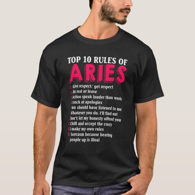Camiseta Las 10 Reglas Principales Del Rótulo Aries Zodiac (Anverso)