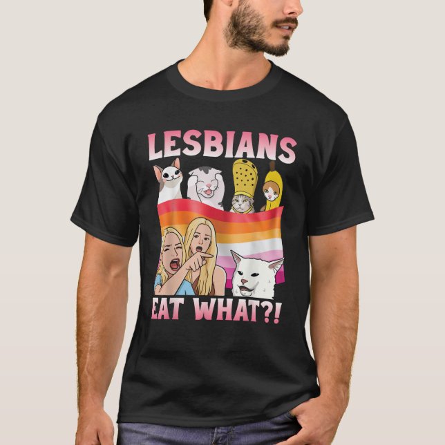 Camiseta Las lesbianas comen qué divertido meme de gato con (Anverso)
