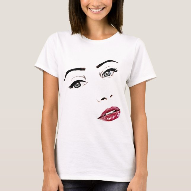 Camiseta las mujeres enfrentan ojos grises labios rojos art (Anverso)
