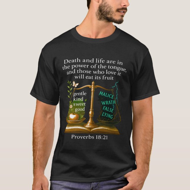 Camiseta Las palabras tienen poder — Los proverbios 18:21 B (Anverso)