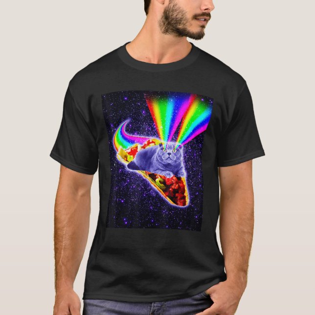 Camiseta Láser arco iris Ojos Galaxia Gato Montando Taco T  (Anverso)