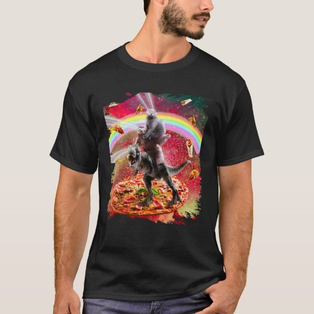 Camiseta Laser Eyes Space Cat On Sloth Dinosaur  Rainbow (Anverso)