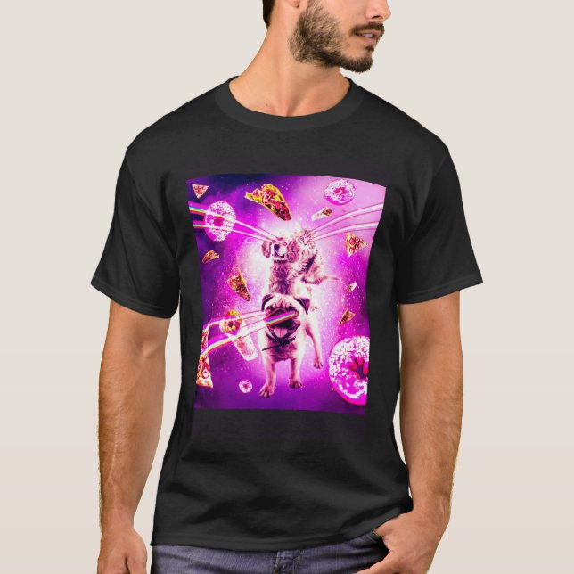 Camiseta Laser Eyes Space Cat Riding Dog Pug  Rainbow (Anverso)